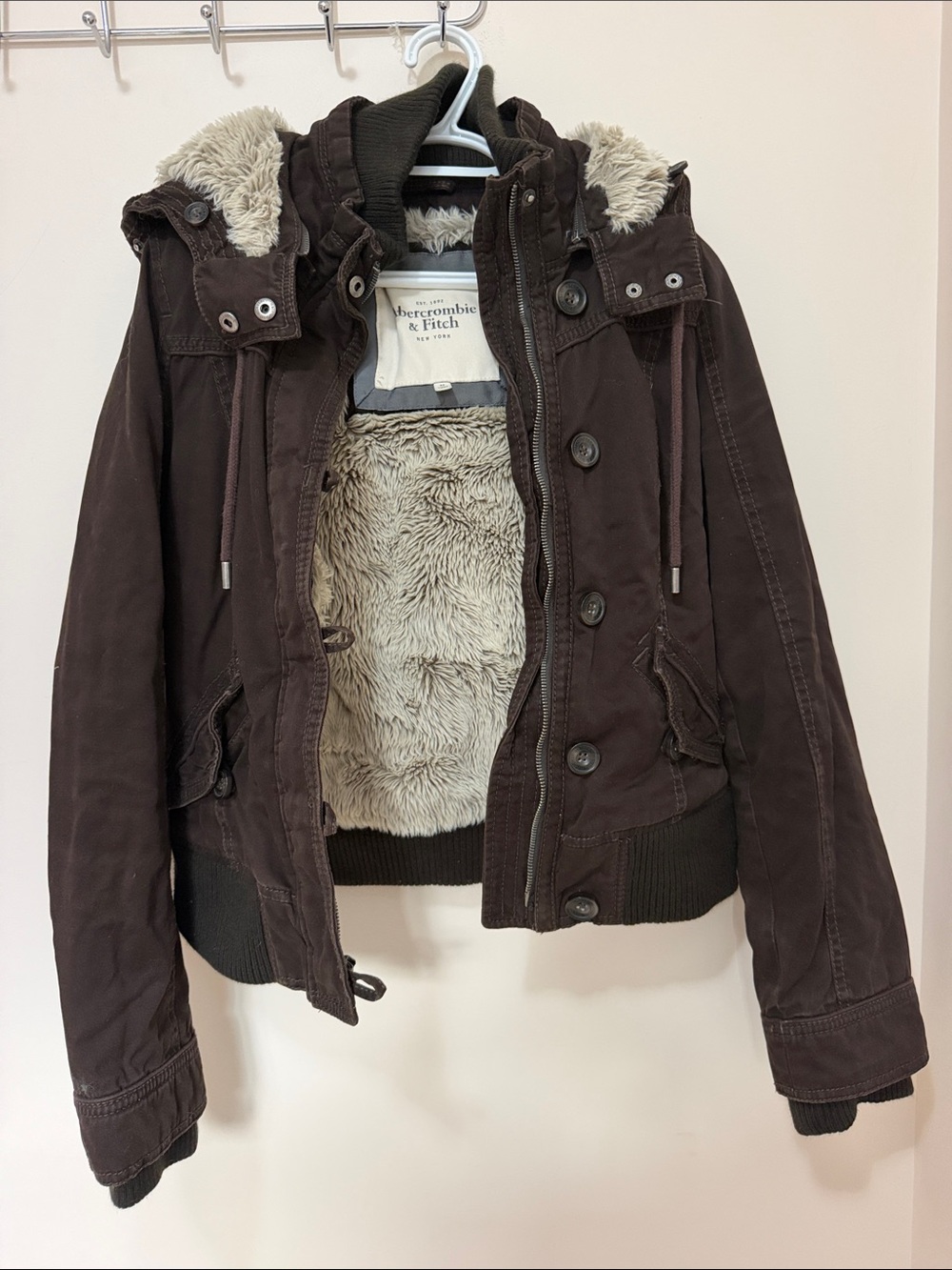 Abercrombie & Fitch Women's Dark Brown Hooded Puffer Jacket with Faux Fur Trim